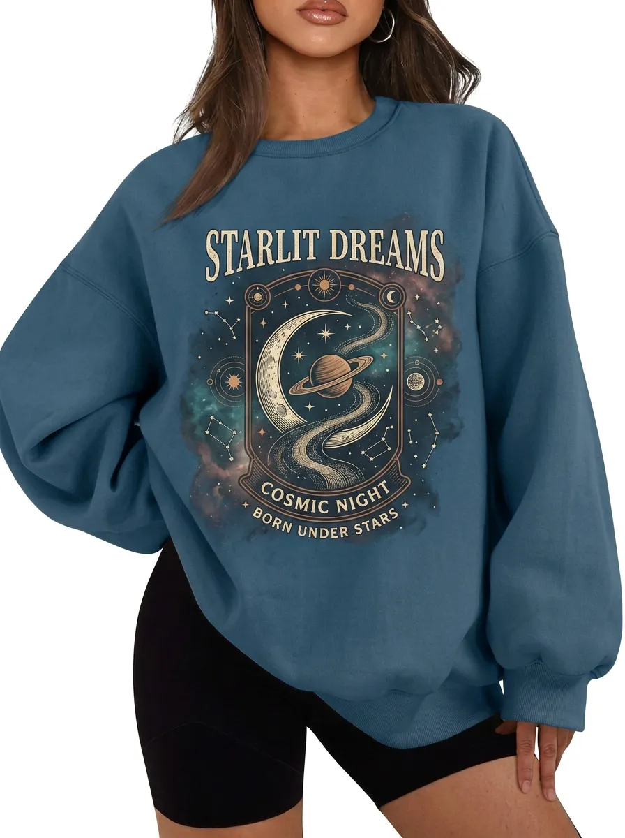 Women's Celestial Starlit Dreams Planet Moon Printed T-shirt