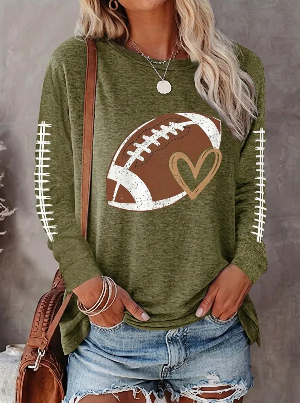 Women's Gridiron Heart Ball Love Crewneck Long Sleeve T-Shirt