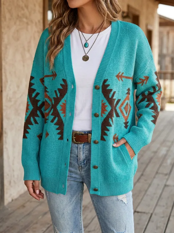 Refined Geometric Knitted Women's Western Knit Cardigan