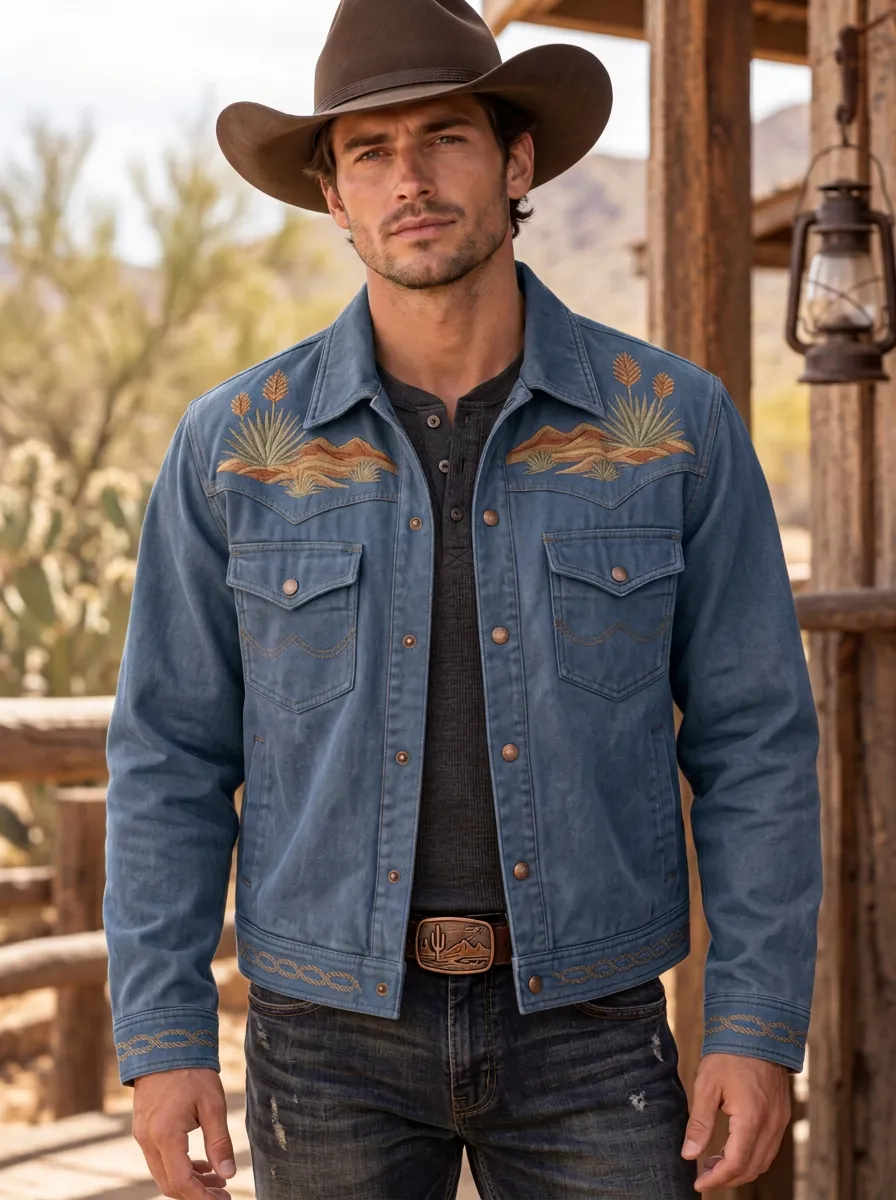 Western Trail Cactus Desert Embroidered Graphic Men's Western Jacket