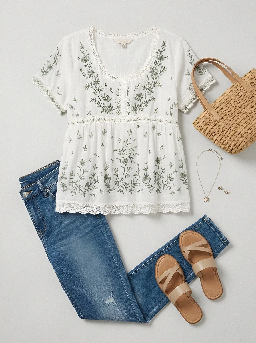 Women's Boho Floral Green Embroidered Lace Trim Short Sleeve Shirt