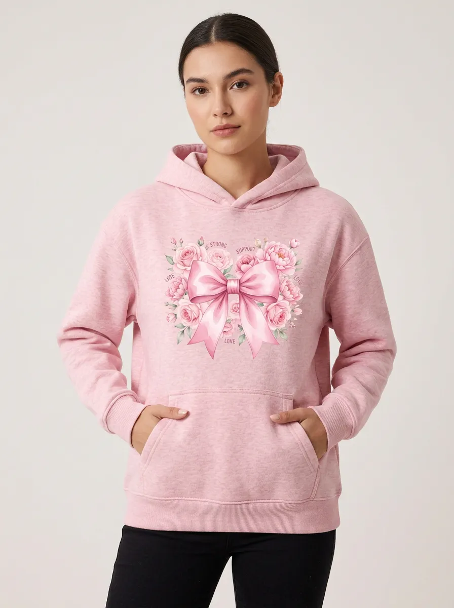 Women's Bloom Pink Bow Floral Breast Cancer Awareness Hoodie
