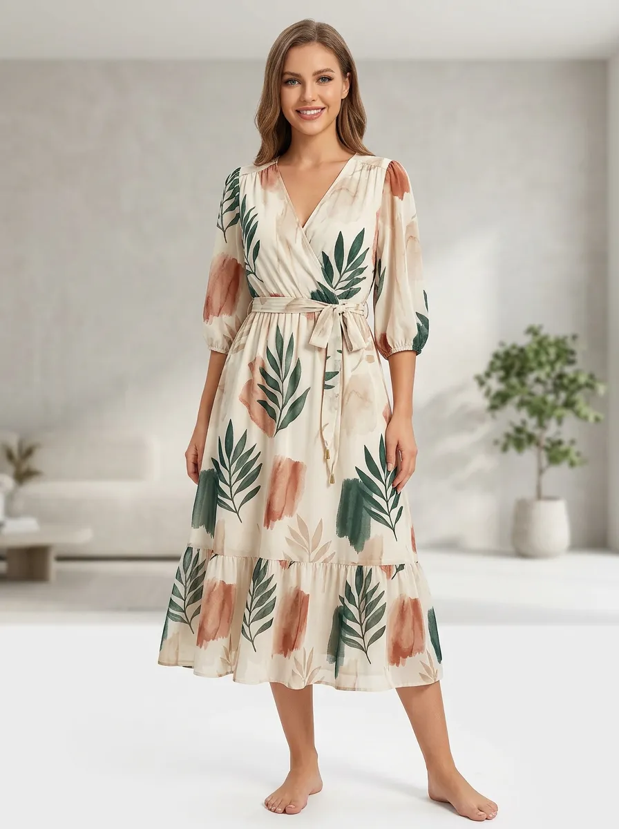 Women's Botanical Abstract Leaf Printed Wrap Dress