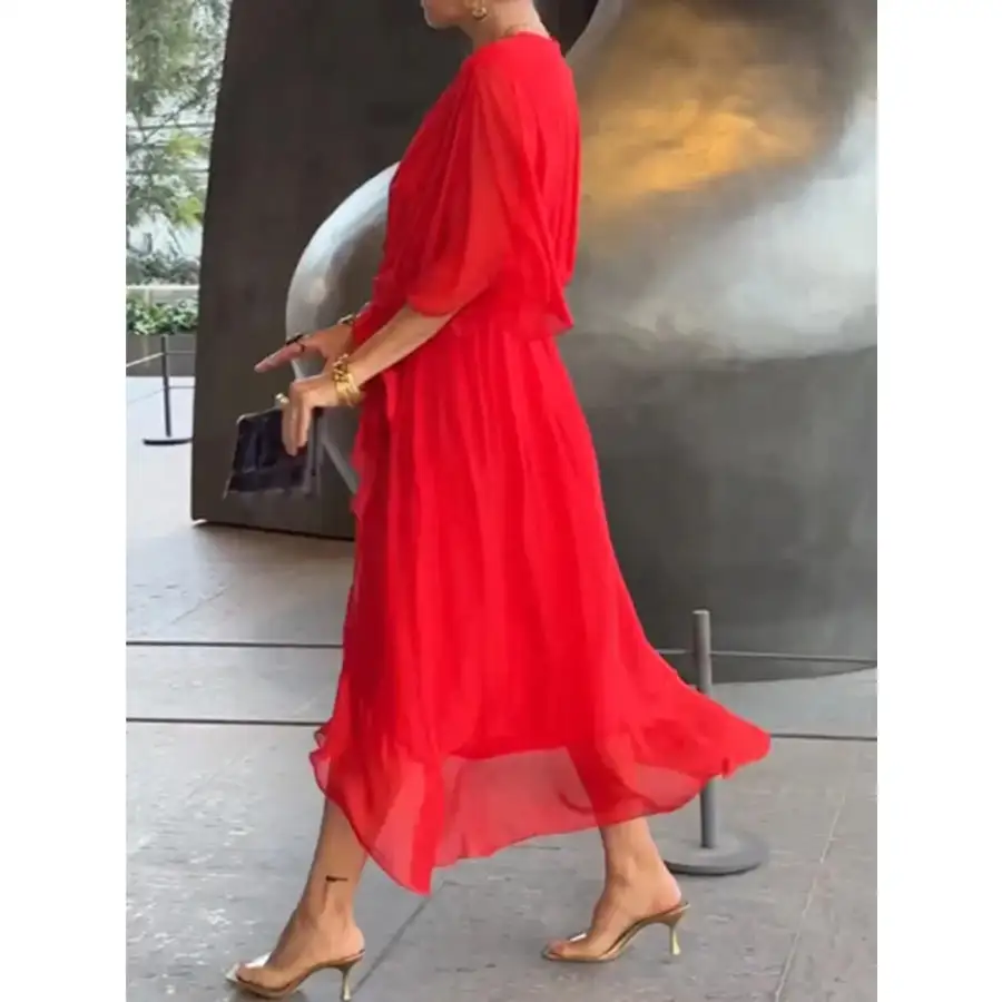 Full Size Flowy Tie Front Midi Dress with Flutter Sleeves Plus Size