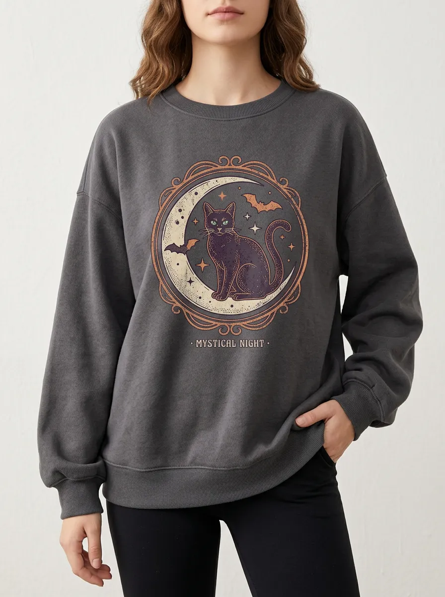 Women's Halloween Mystical Cat Moon Bats Printed Sweatshirt