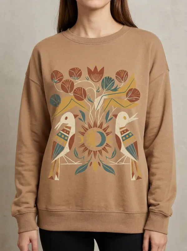 Boho Folk Art Bird Sun Floral Sweatshirt