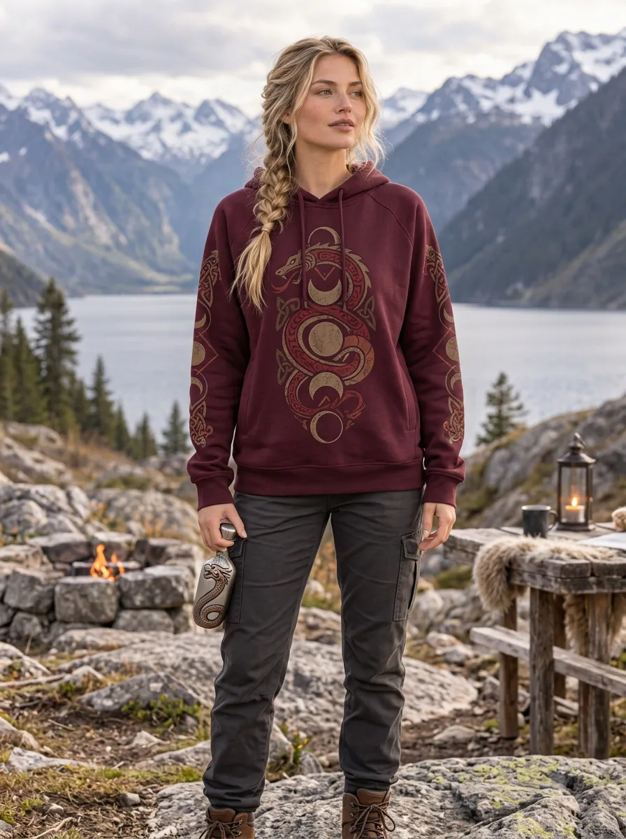 Women's Viking-Inspired Dragon Moon Pullover Hoodie