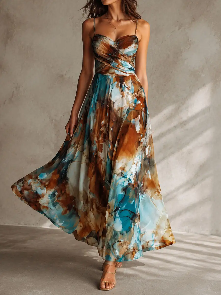 Boho Watercolor Print Chiffon Spaghetti Strap Maxi Dress