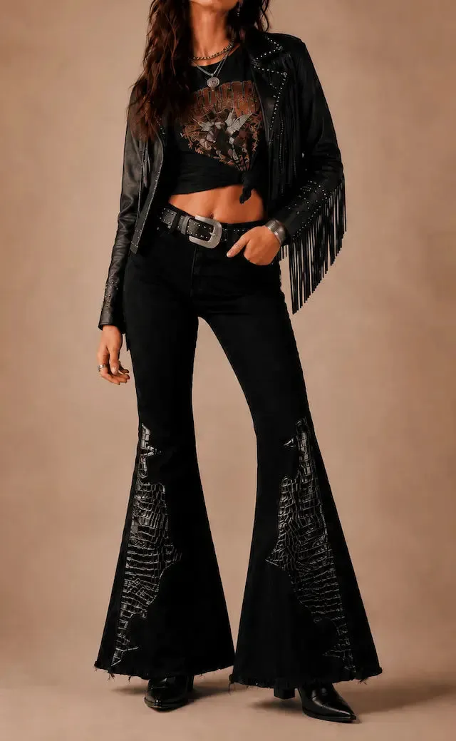 Crocodile Texture Flare Denim Jeans