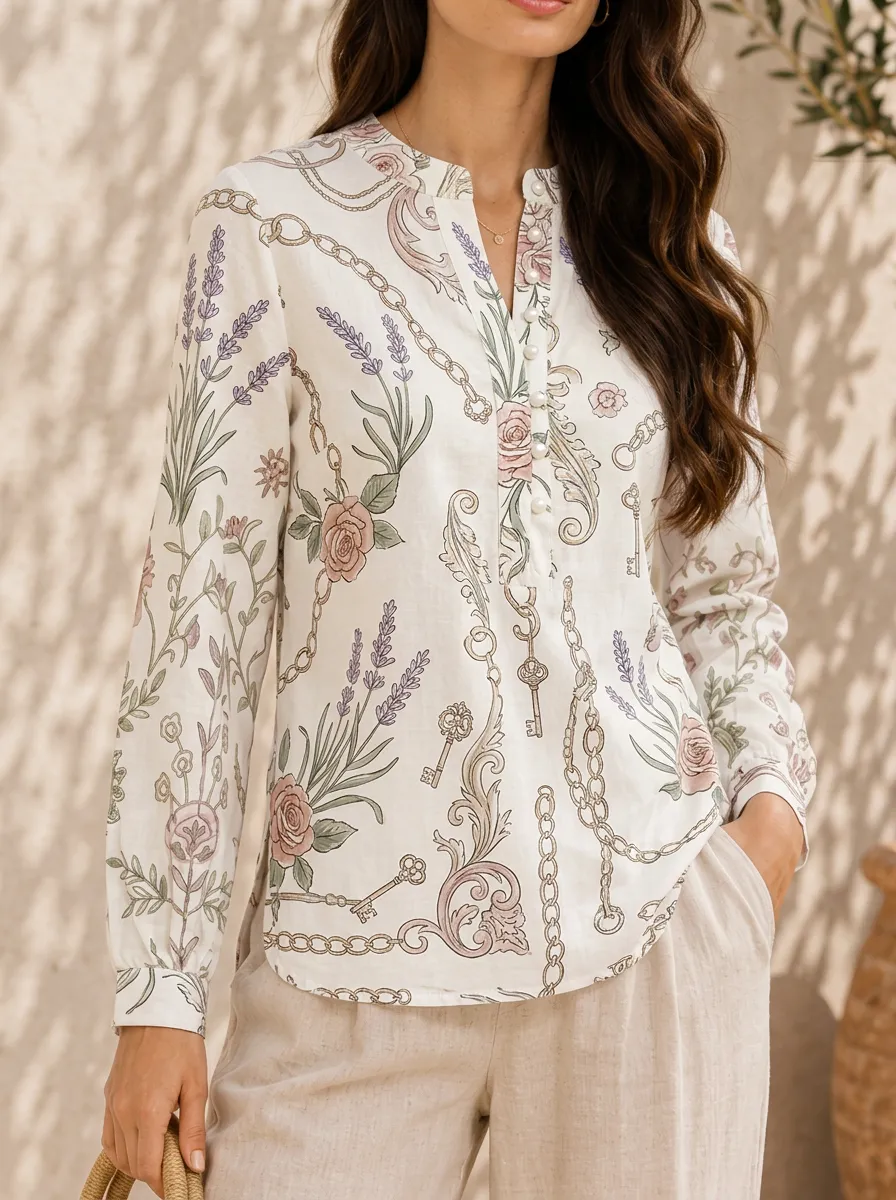 Women's Vintage Floral Chain Key Printed Long Sleeve Blouse