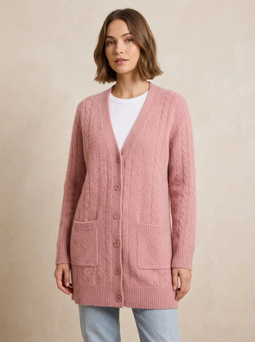 Women's Pink A1 Cable Knit Button Down Cardigan