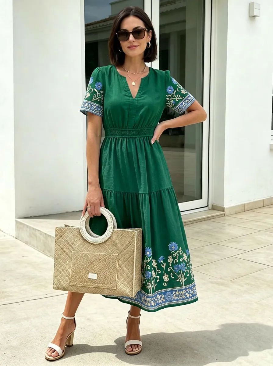 Women's Summer Vacation Blue Floral Embroidered Printed Dress