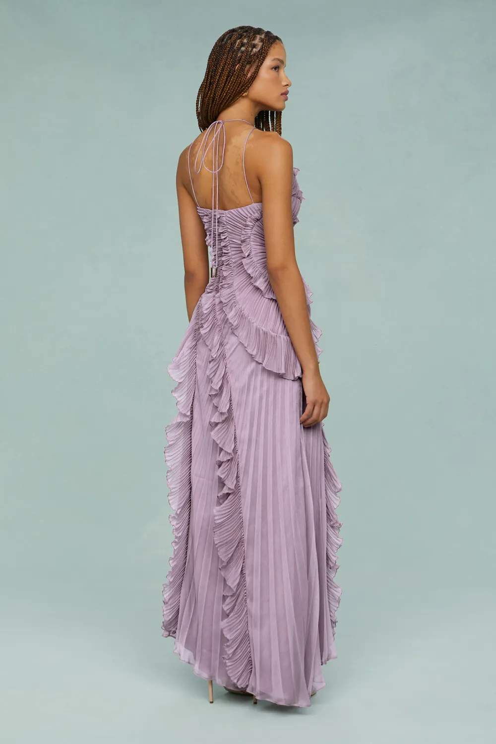 Pleated Frill Halter Neck Midi Dress