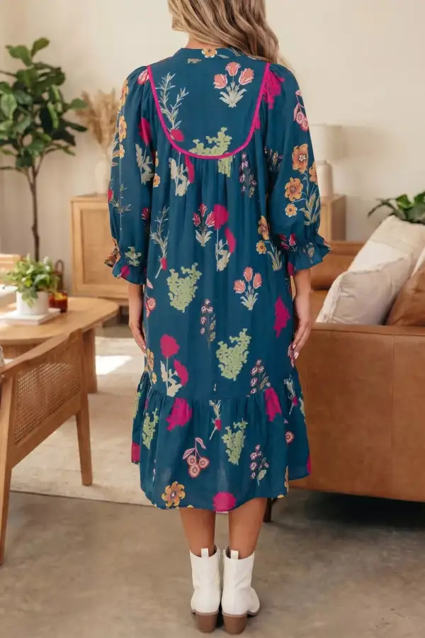 Gathered Neckline Sleeve Casual Midi Dress