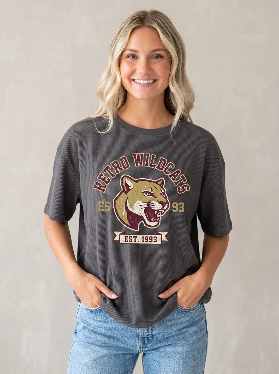 Women's Retro Wildcats Football Mascot Printed T-shirt