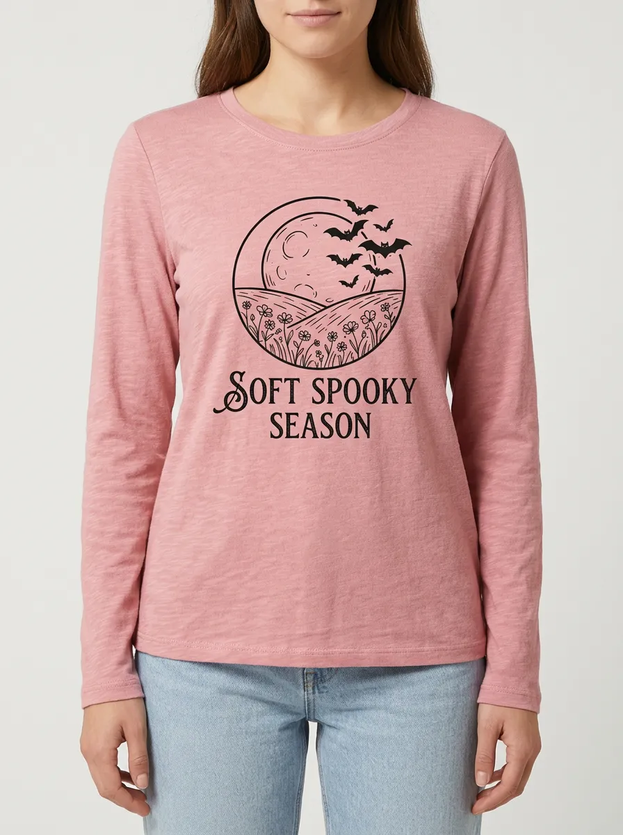 Moon Bat Floral Halloween Cotton Linen Long Sleeve Top