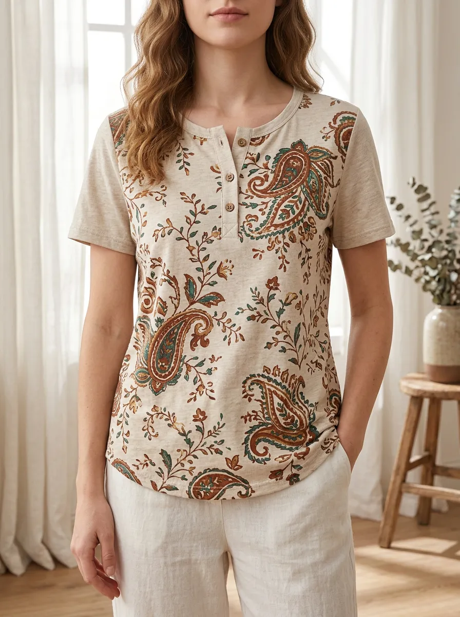 Women's Expressive Boho Paisley Floral Henley T-Shirt