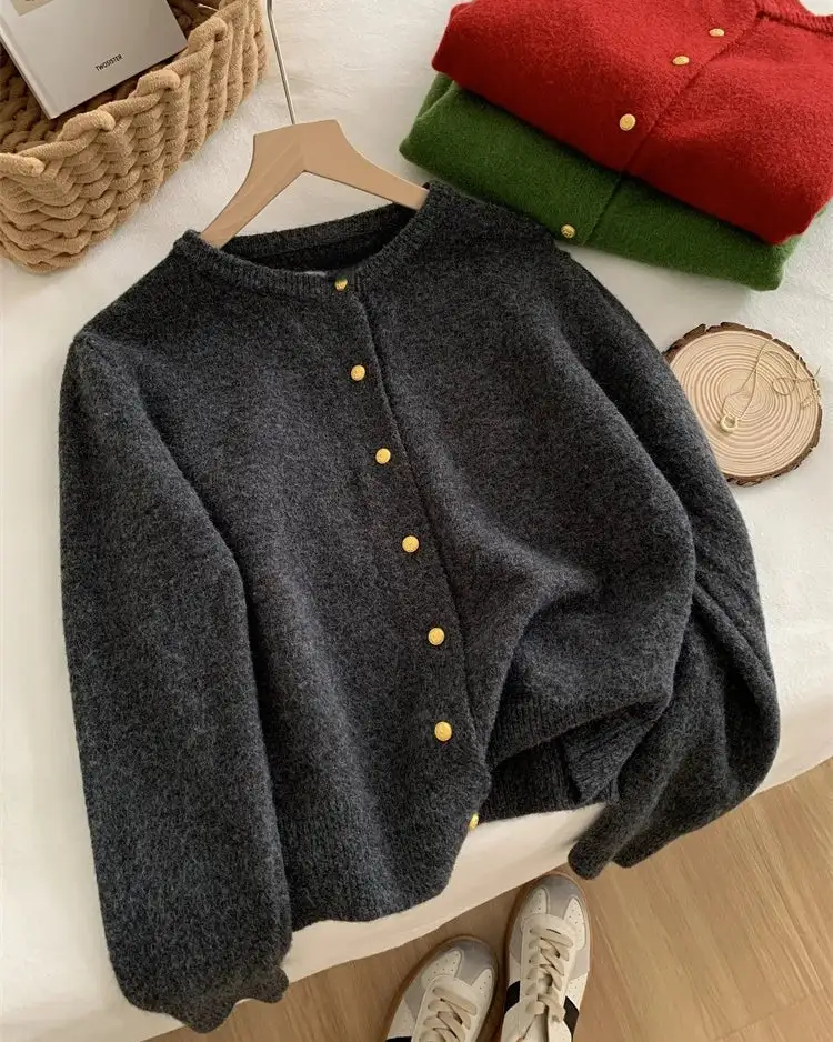Classic Wool Button-Front Round-Neck Cardigan