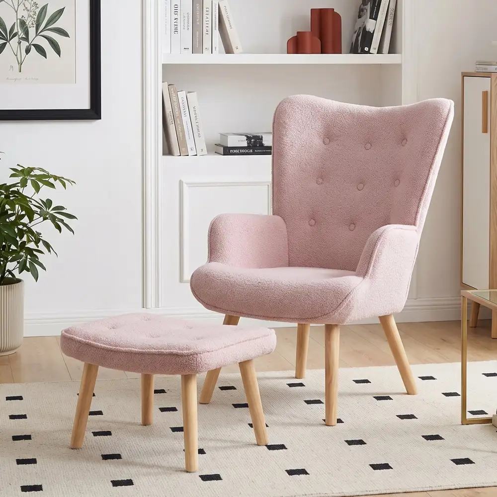 Metal Frame Comfort Seating Teddy Boucle Armchair With Ottoman