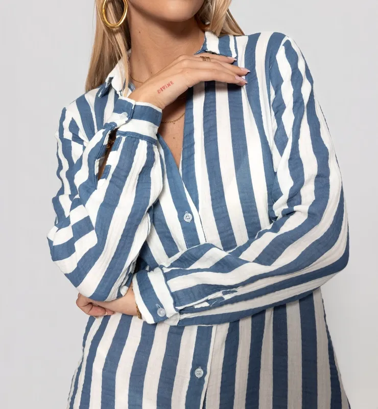 Denim Blue Off White Striped Midi Dress
