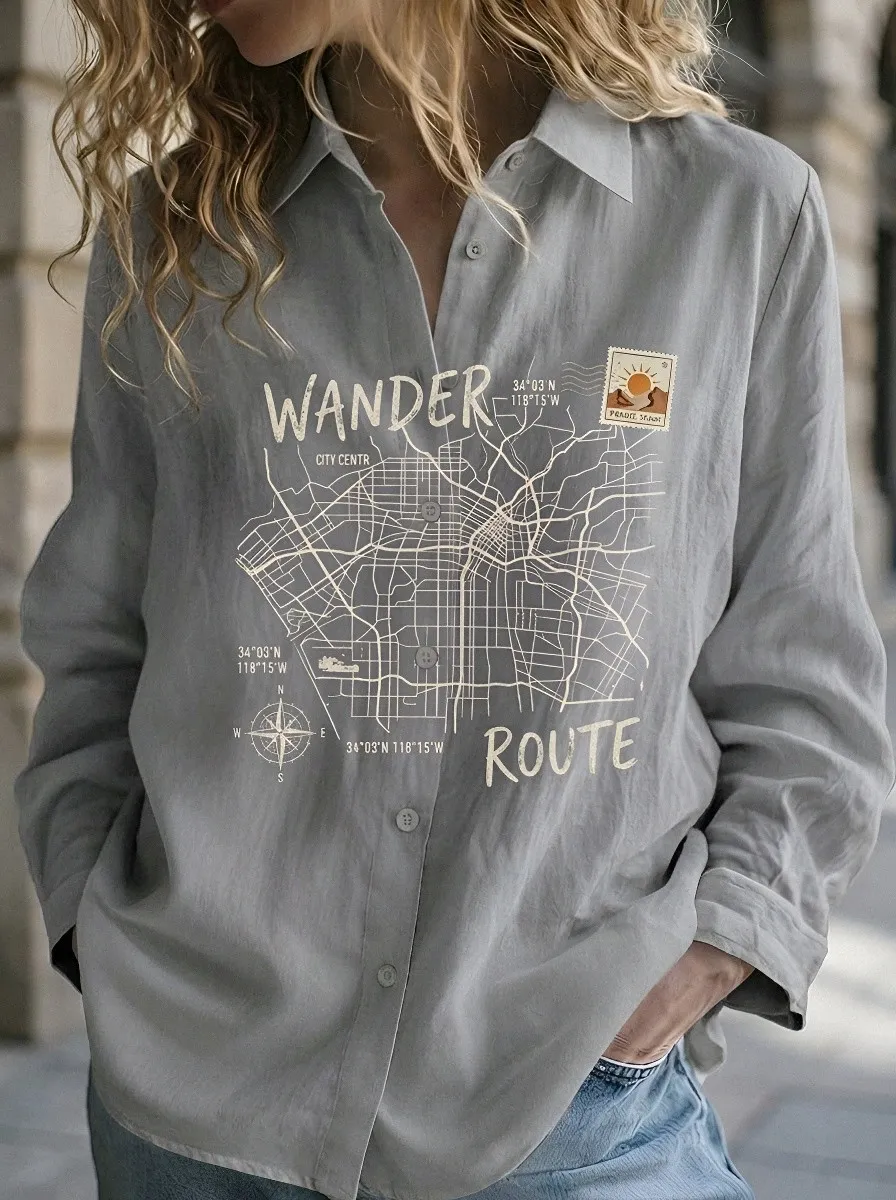 Women's Travel Lover City Map Wander Route Printed Shirt