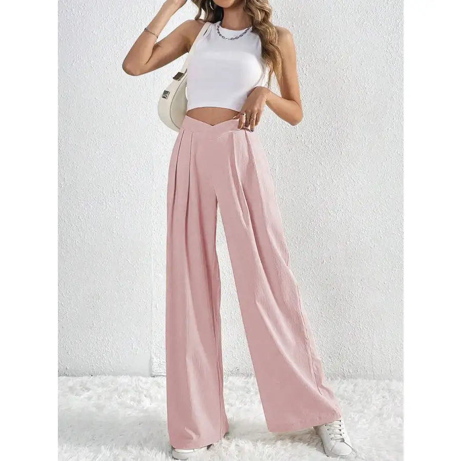 V Waisted Ruched Front Wide Leg Pants