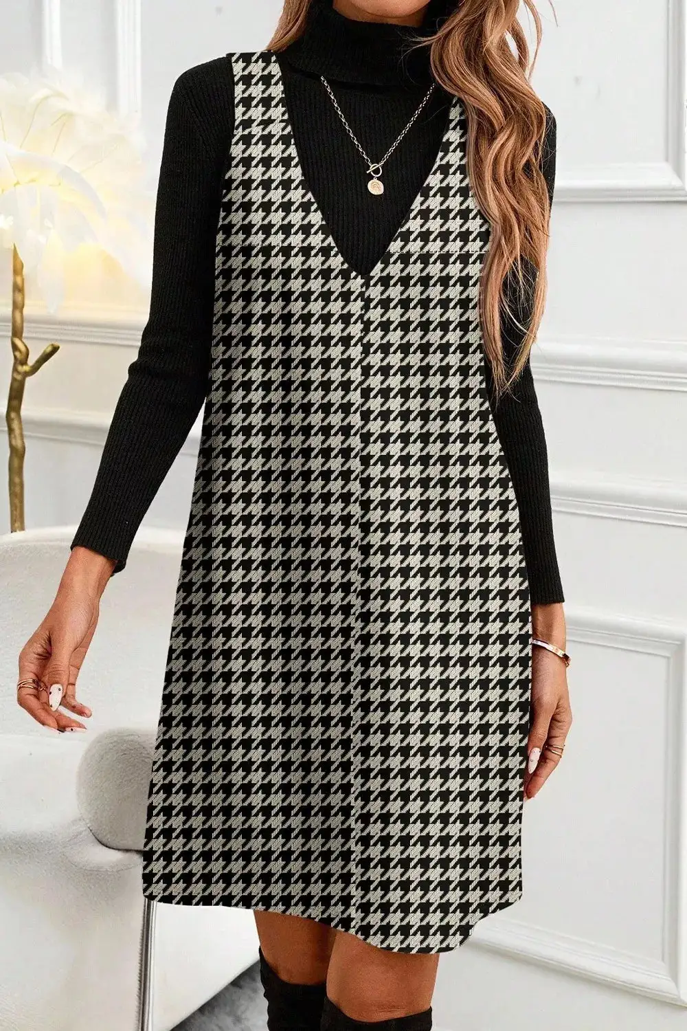 Houndstooth V Neck Sleeveless Mini Dress