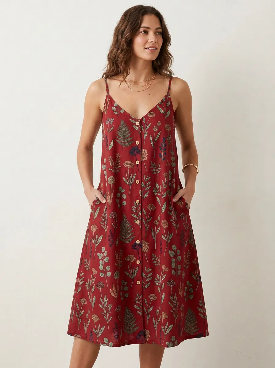 Women's Botanical Wildflower Fern Printed Button-Down Dress