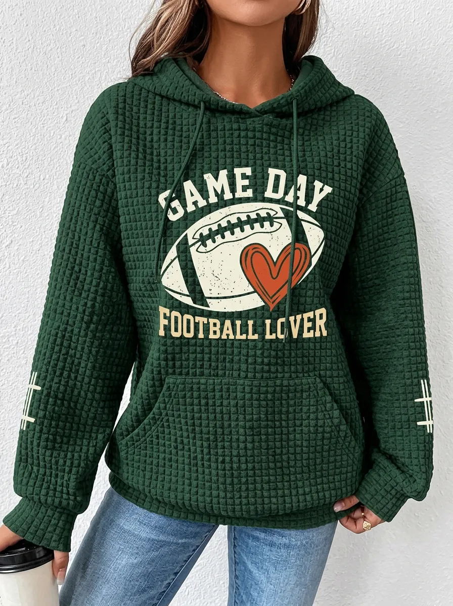 Women's Football Lover Game Day Heart Graphic Printed Waffle Hoodie