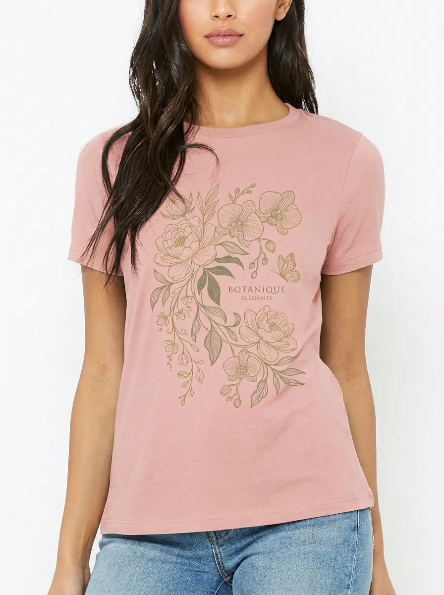 Women's Botanical Floral Butterfly Gold Line Art Printed T-shirt