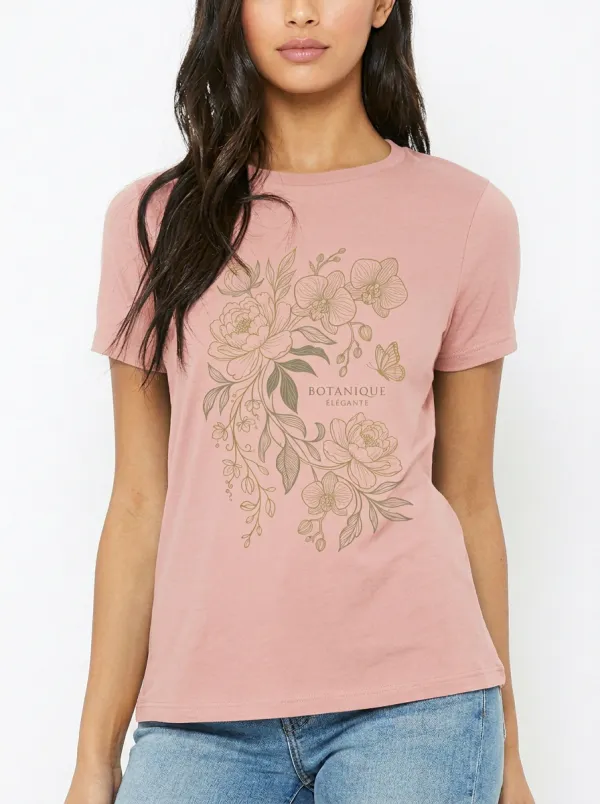 Women's Botanical Floral Butterfly Gold Line Art Printed T-shirt