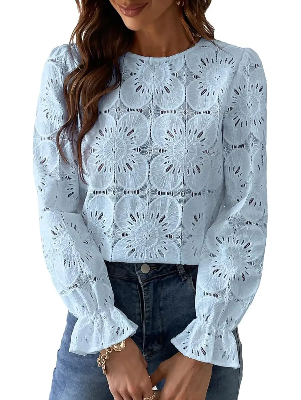 Openwork Lace Long Sleeve Blouse