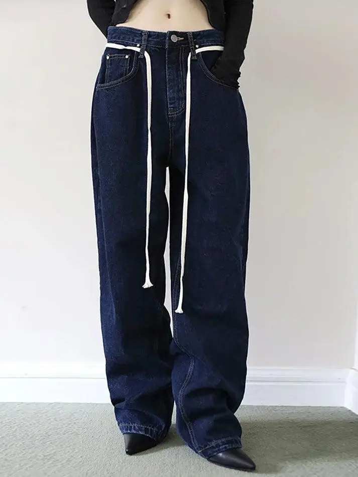 Vintage Solid Tie Loose Straight-Leg Jeans
