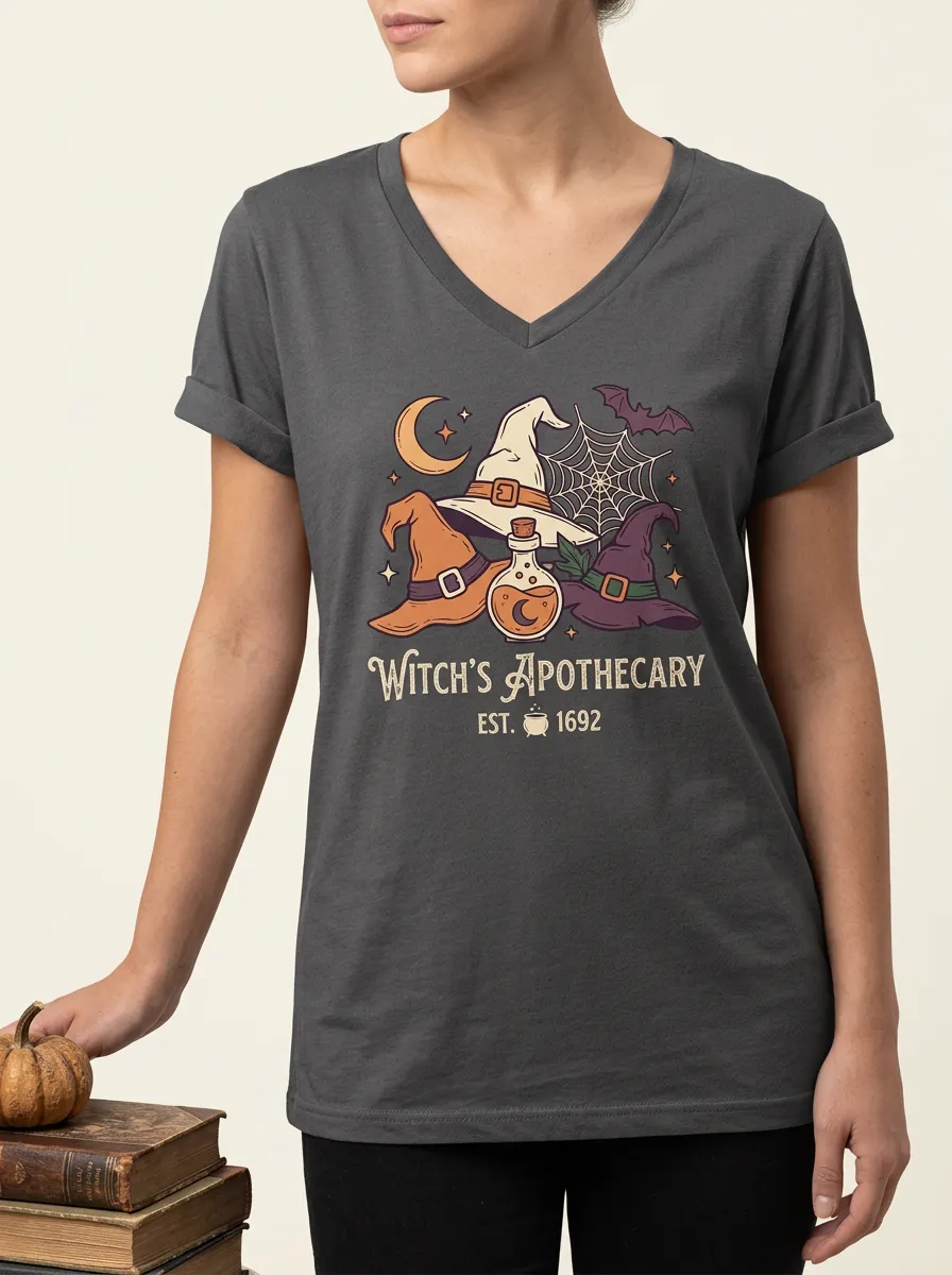Women's Halloween Witch Apothecary Potion Hat Printed V-neck T-shirt