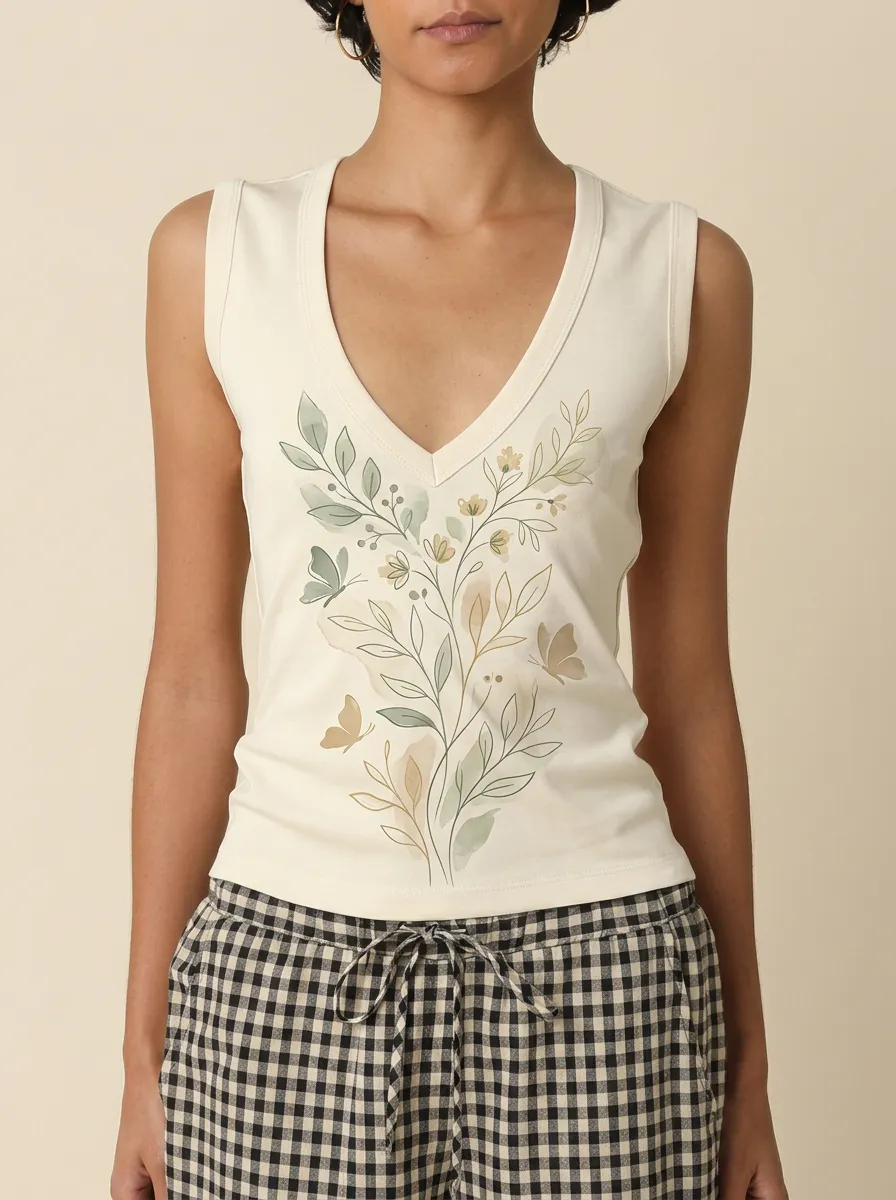Women's Nature Lover Watercolor Floral Butterfly Printed Tank Top