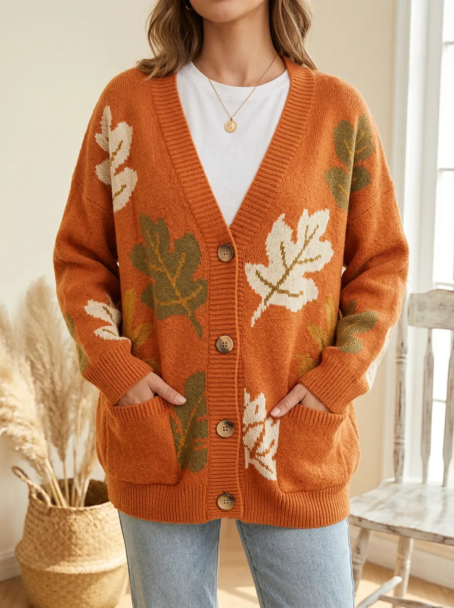 Botanical Look Maple Leaf Pattern Patterned Women's Knit Cardigan