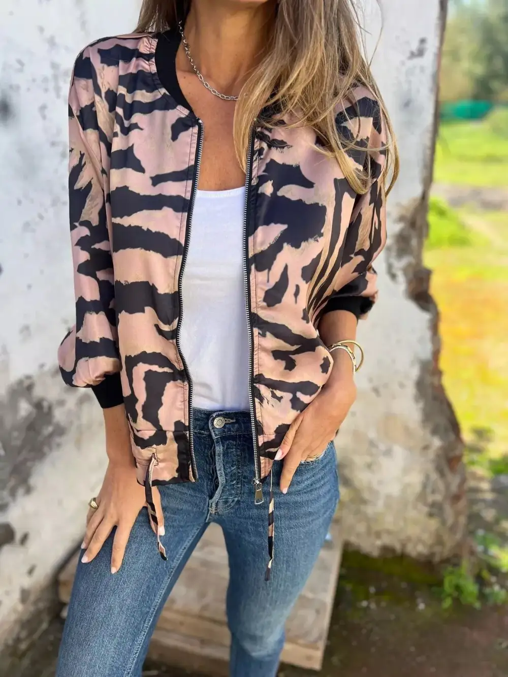 Zip Up Zebra Print Bomber Jacket