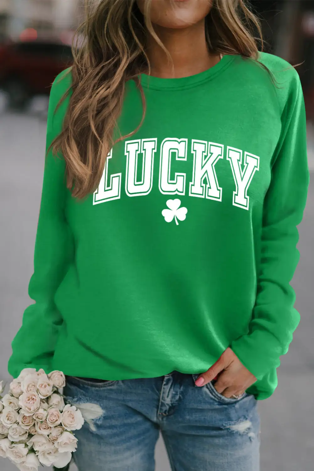 St Patricks LUCKY Clover Print Raglan Sleeve Sweatshirt