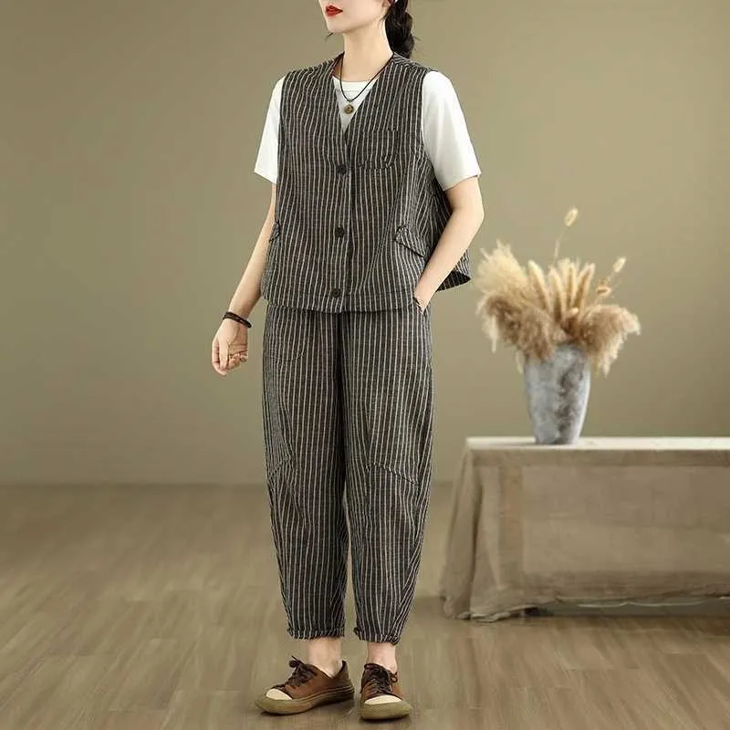 Striped Vest Harem Pants Set