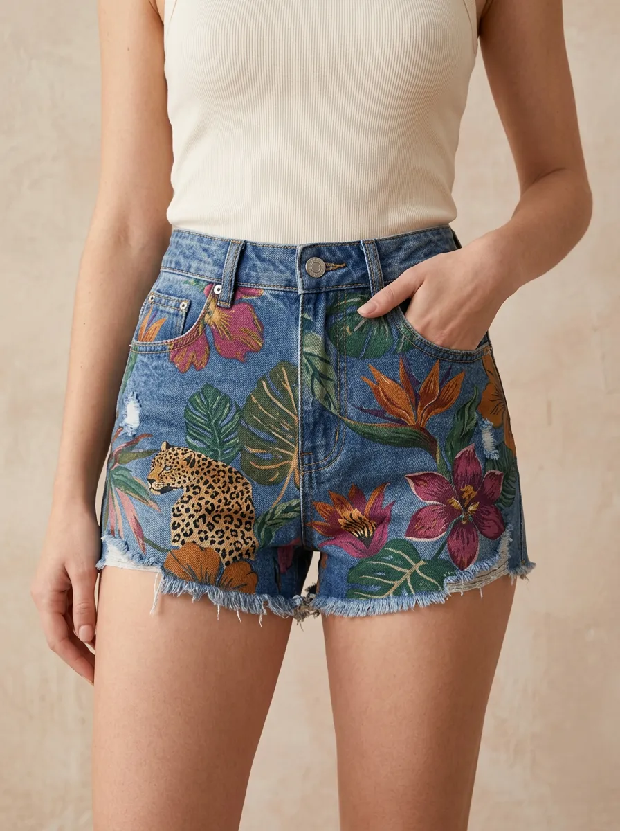 Women's Tropical Leopard Floral Printed Denim Shorts