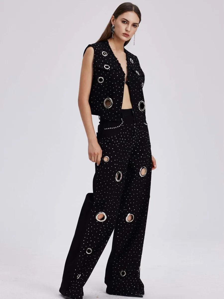 Liana Embellished Cutout Denim Pants Set