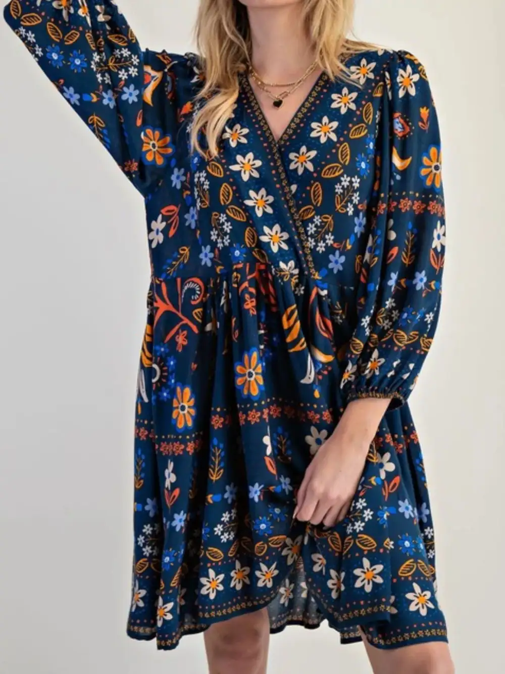 Structured Shape Floral Printed Long Sleeve Mini Dress