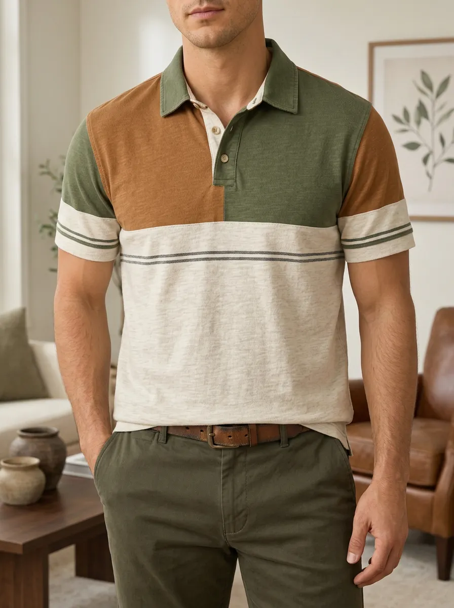 Men's Casual Colorblock Striped Printed Polo Shirt