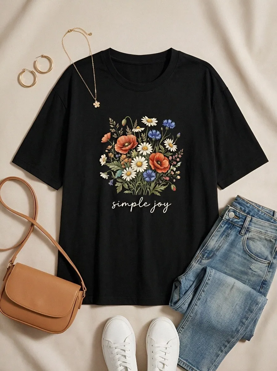 Women's Floral Lover Simple Joy Wildflower Bouquet Printed T-shirt