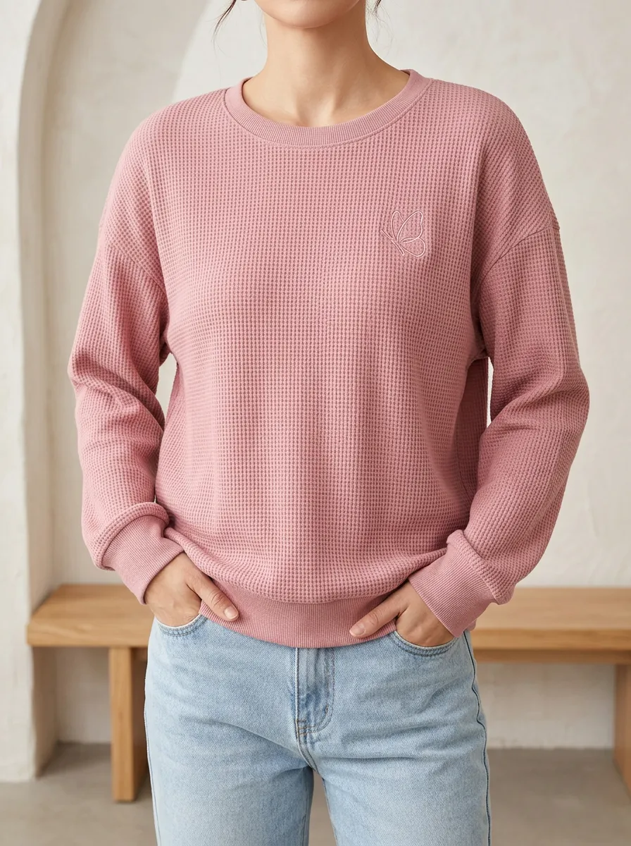 Women's Minimalist Butterfly Embroidered Pink Waffle Knit Sweatshirt