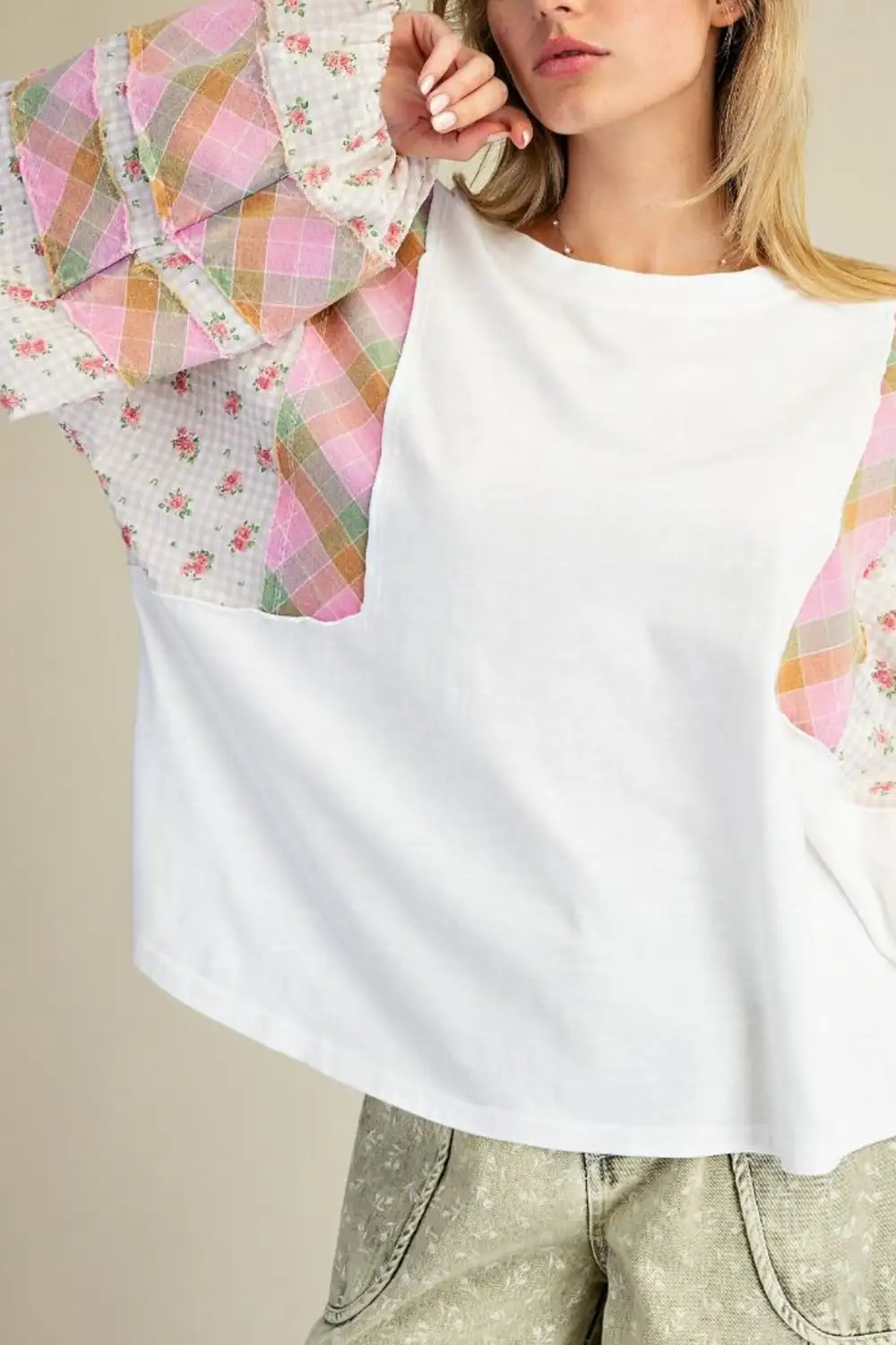 Patchwork Long Sleeve Oversized Boxy Tee