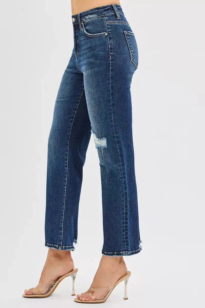 High Rise Crop Slim Straight Jenas With Hidden Knee Patch