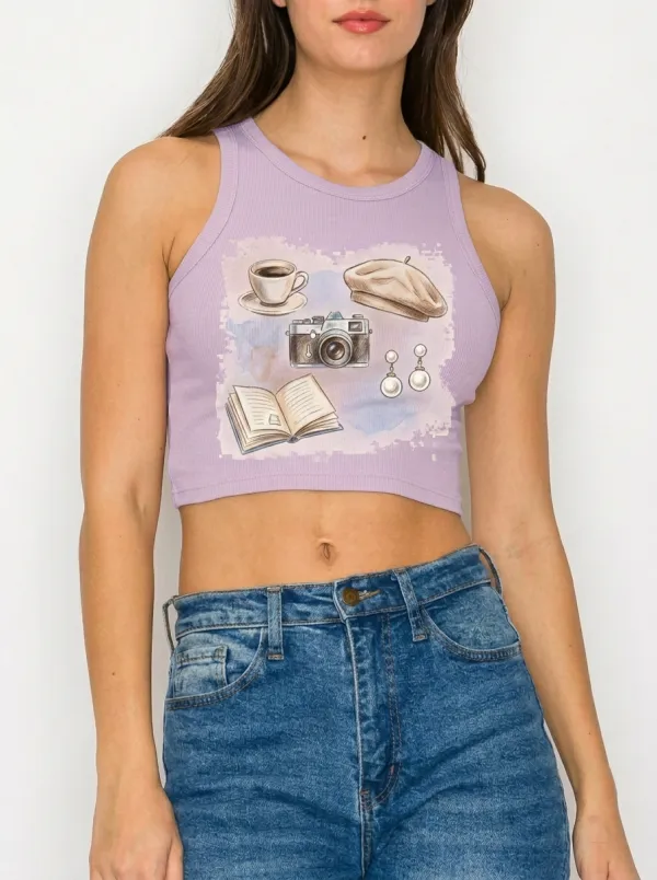 Women's Aesthetic Hobby Camera Book Coffee Printed Crop Top