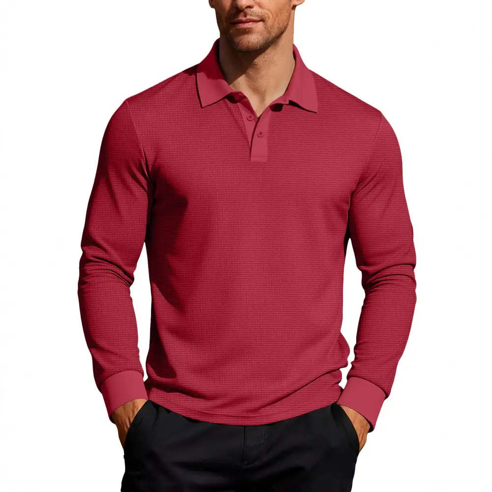 Waffle Texture Button Placket Long Sleeve Slim Fit Polo Shirt