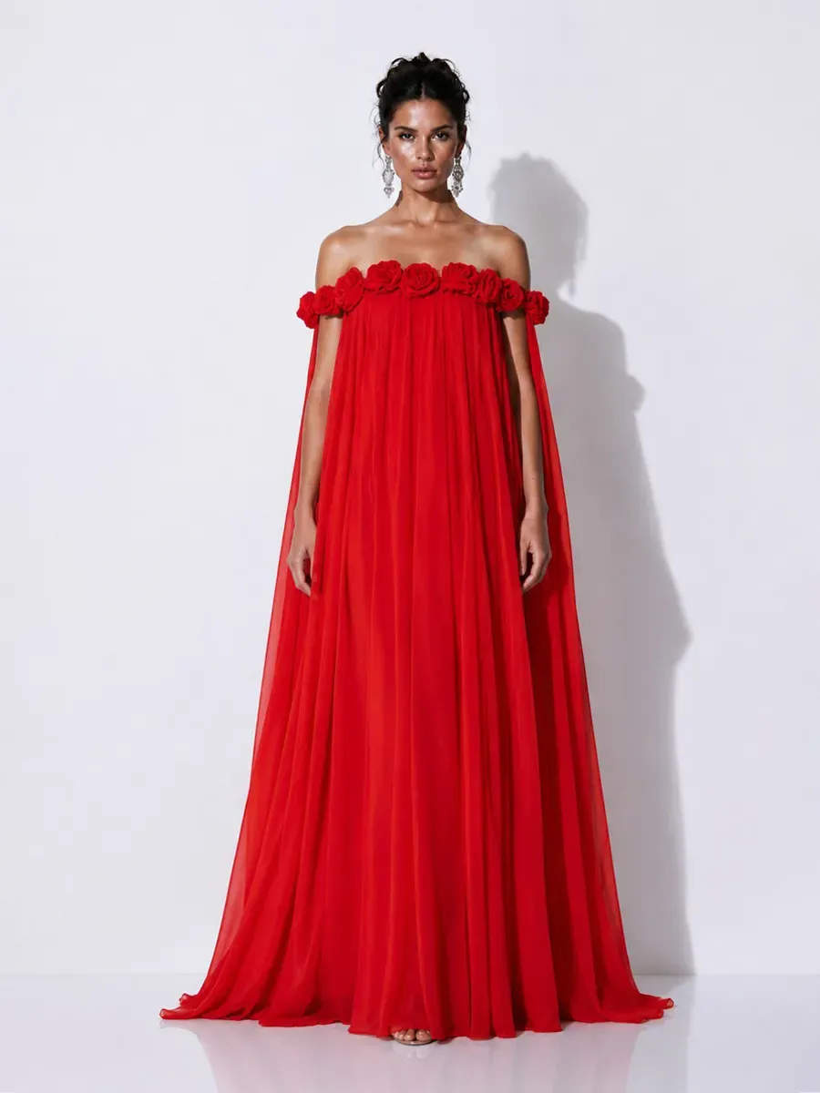Grace 3D Floral Pleated Off-Shoulder Maxi Dress